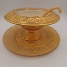 Vtg Depression Amber Glass Mayo Compote Bowl Ladel Under Plate Gilded Gold Trim