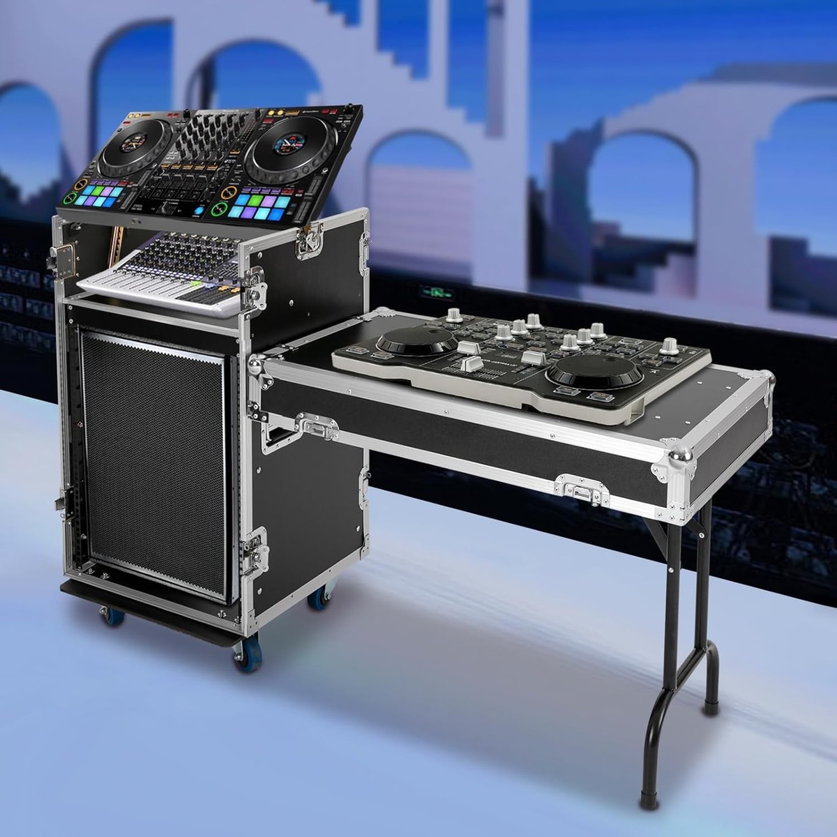 PA DJ Rack w/ 2-tier DJ Table Top 14 Space Rack Case w/ Slant