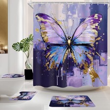 4Pcs Purple Butterfly Shower Curtain Set, Modern Lilic Golden Oil Painting Na...