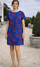 J.CREW Blue Pink Floral Shift Dress Size 4 Short Sleeve Lined Zip Back C5608