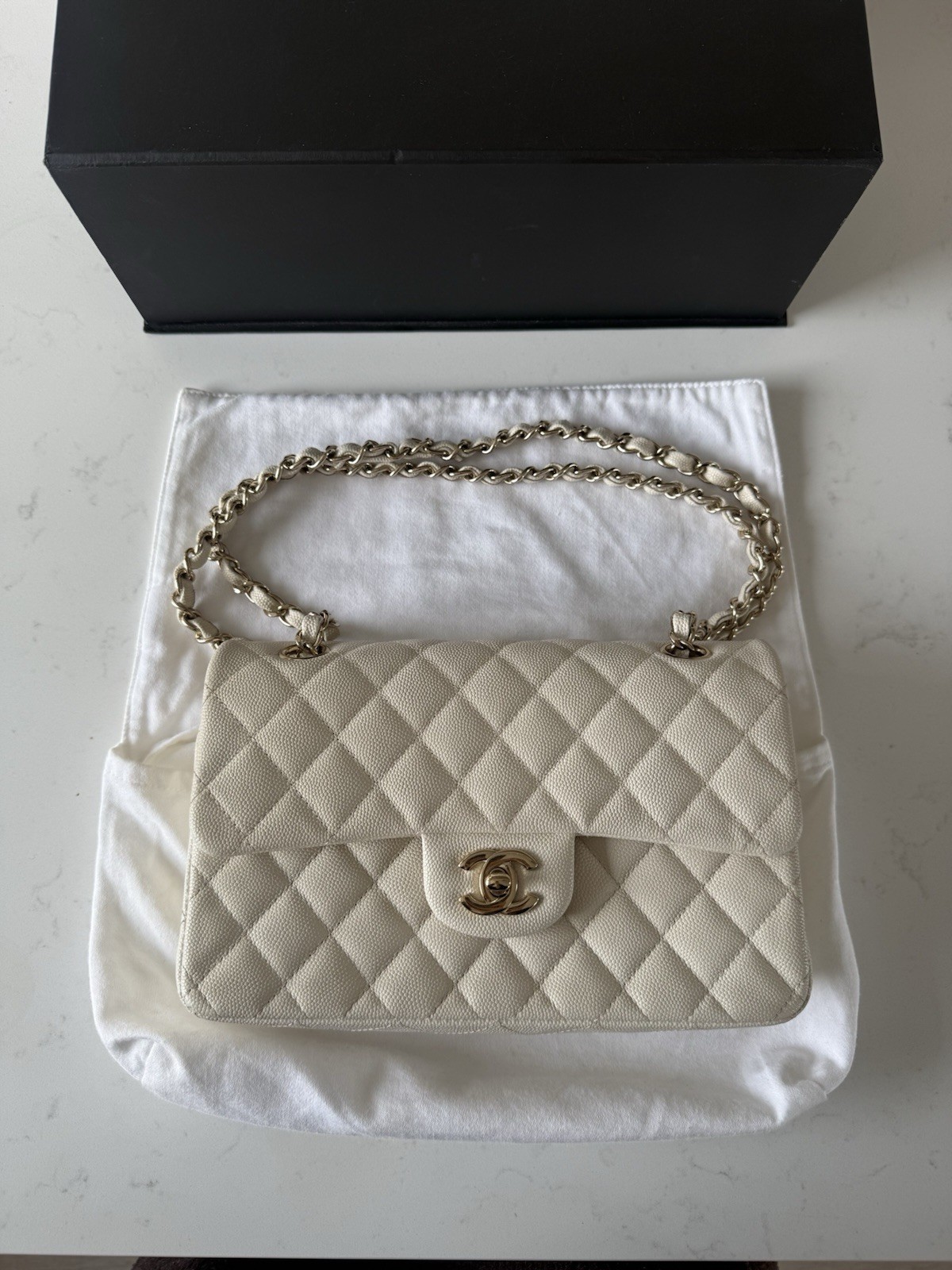 Chanel White Quilted Caviar Leather Medium Classic Double Flap Bag