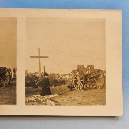 WW1 Stereoview Card 3D RP C1915 Armentierres France Military Cemetery Cannon