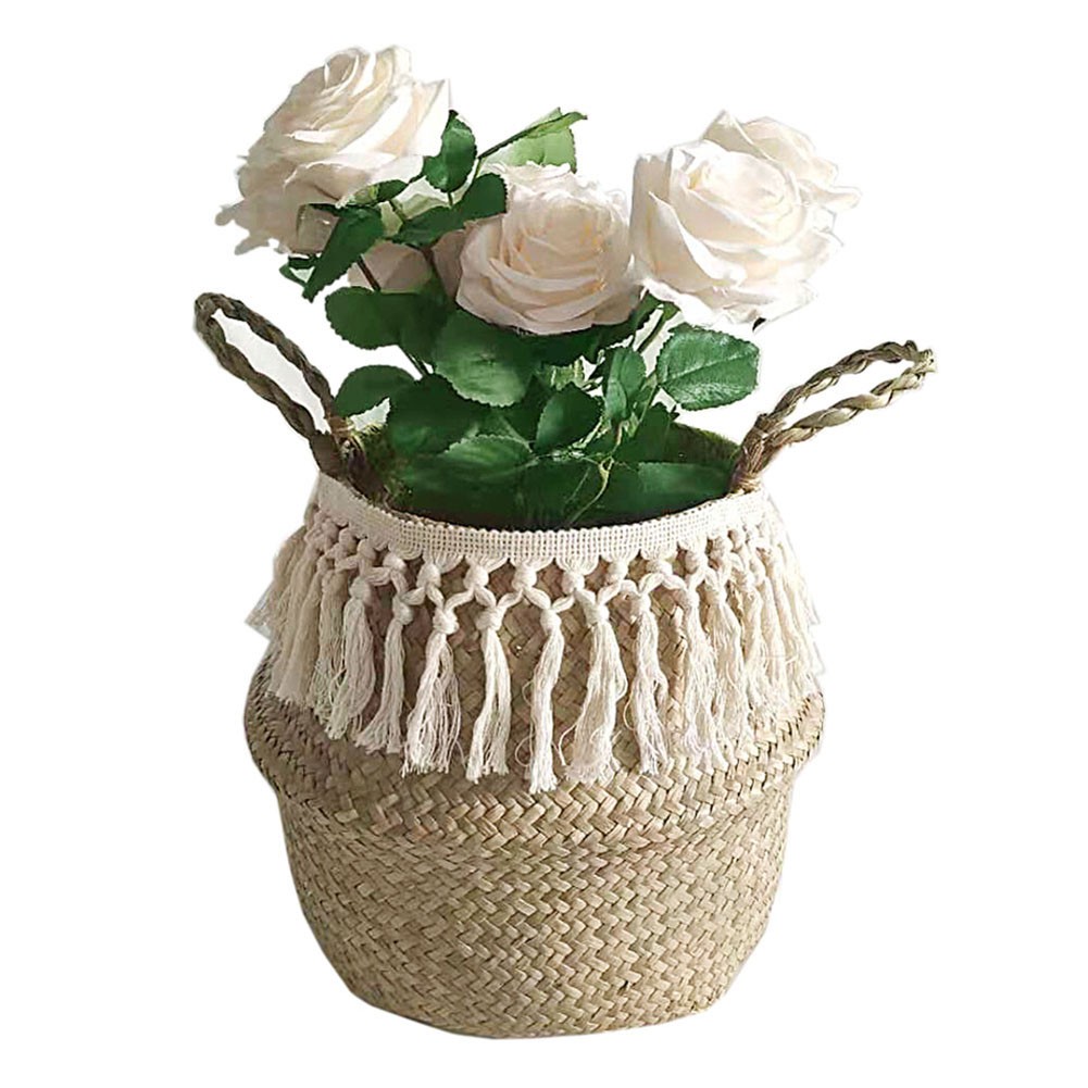 Natural Seagrass Storage Basket Foldable Woven Laundry Basket Handmade Straw Bas