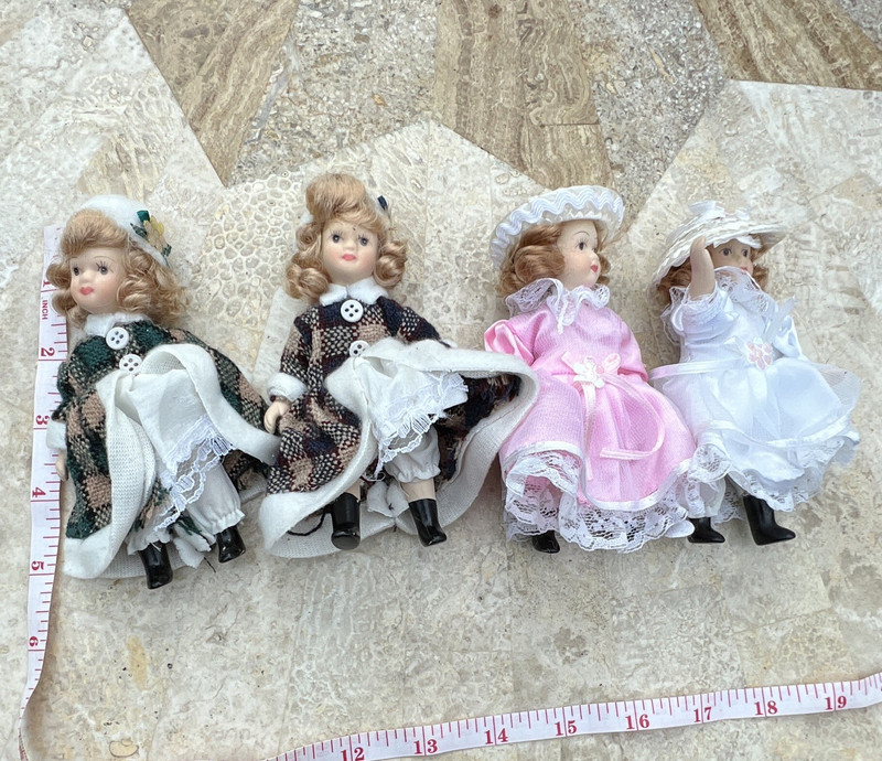 Lot of 4 Porcelain Girl Dolls Dresses Hats, 5 inches 