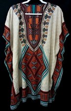 Bohemian Women's Dashiki Style Tunic Top Beige Orange L Cotton