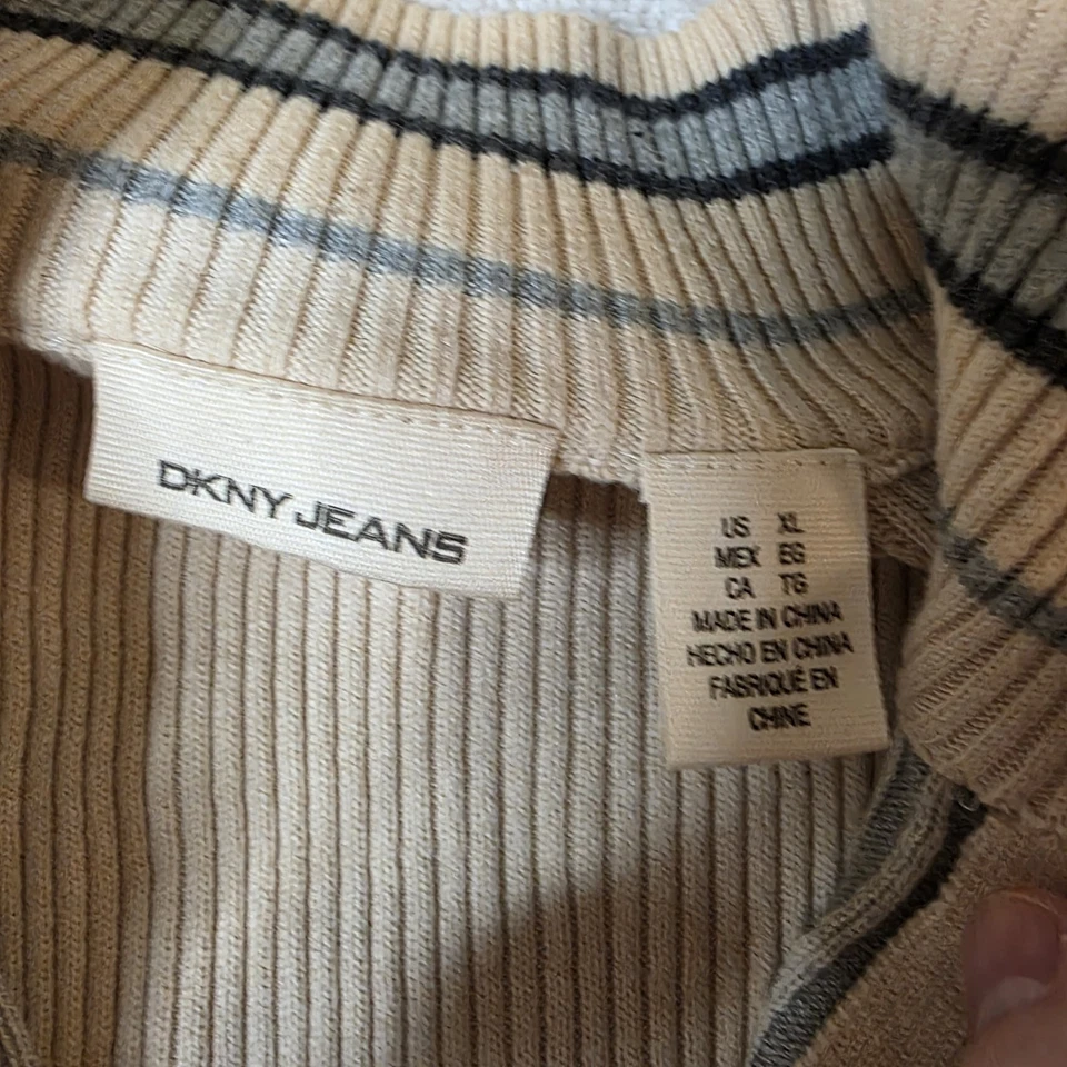 Suéter DKNY JEANS Para Hombre XL Beige Azul Acanalado Algodón Cuarto Cremallera Estilo Y2K Foto 4 de 4