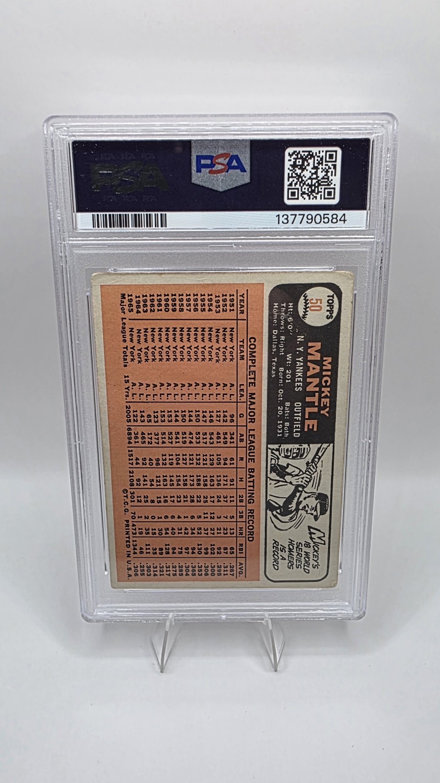 1966 Topps MICKEY MANTLE Baseball Card #50 PSA 2 NY Yankees HOF view 2