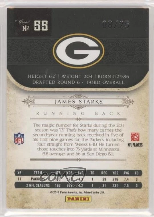 2011 Playoff National Treasures Century Silver /25 James Starks #55 - Image 2 of 2