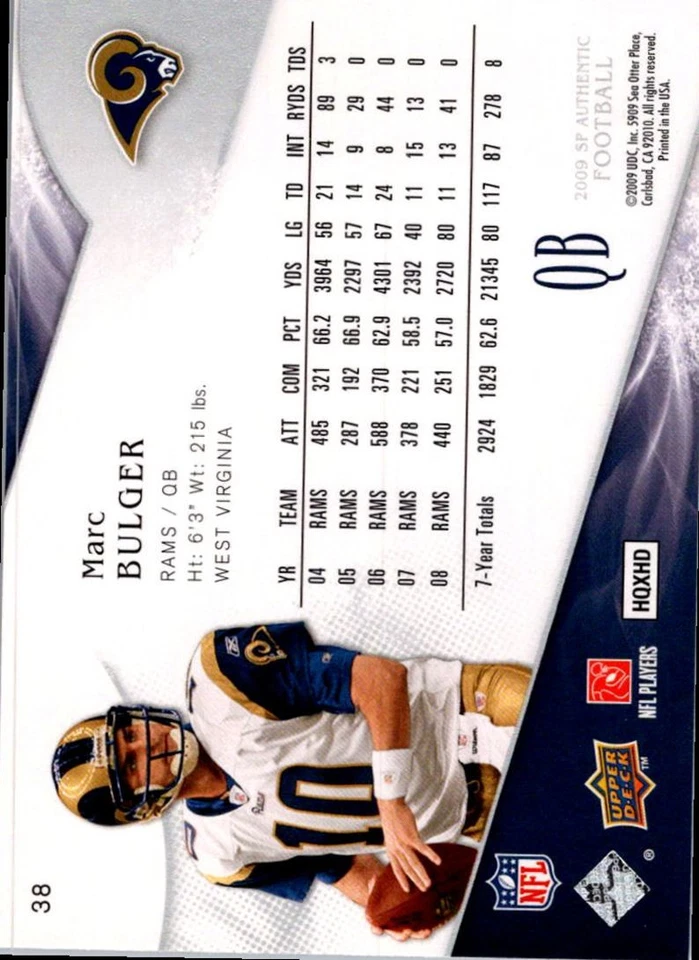2009 SP Authentic Marc Bulger St. Louis Rams #38 - Image 2 of 2