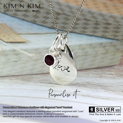 925 Sterling Silber personalisierte Geburtsstein Halskette mit Gravur ''Liebe'' Anhänger
