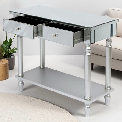 Mirrored Makeup Table Silver, 2-Drawer, Open Shelf Storage