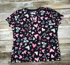 Women's L White Cross scrub top black pink breast cancer ribbon Nurse Medical