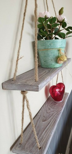 Hanging Wall Rope Shelves Rustic Vintage White Grey Wooden Wood Floating Shelf - Picture 10 of 11