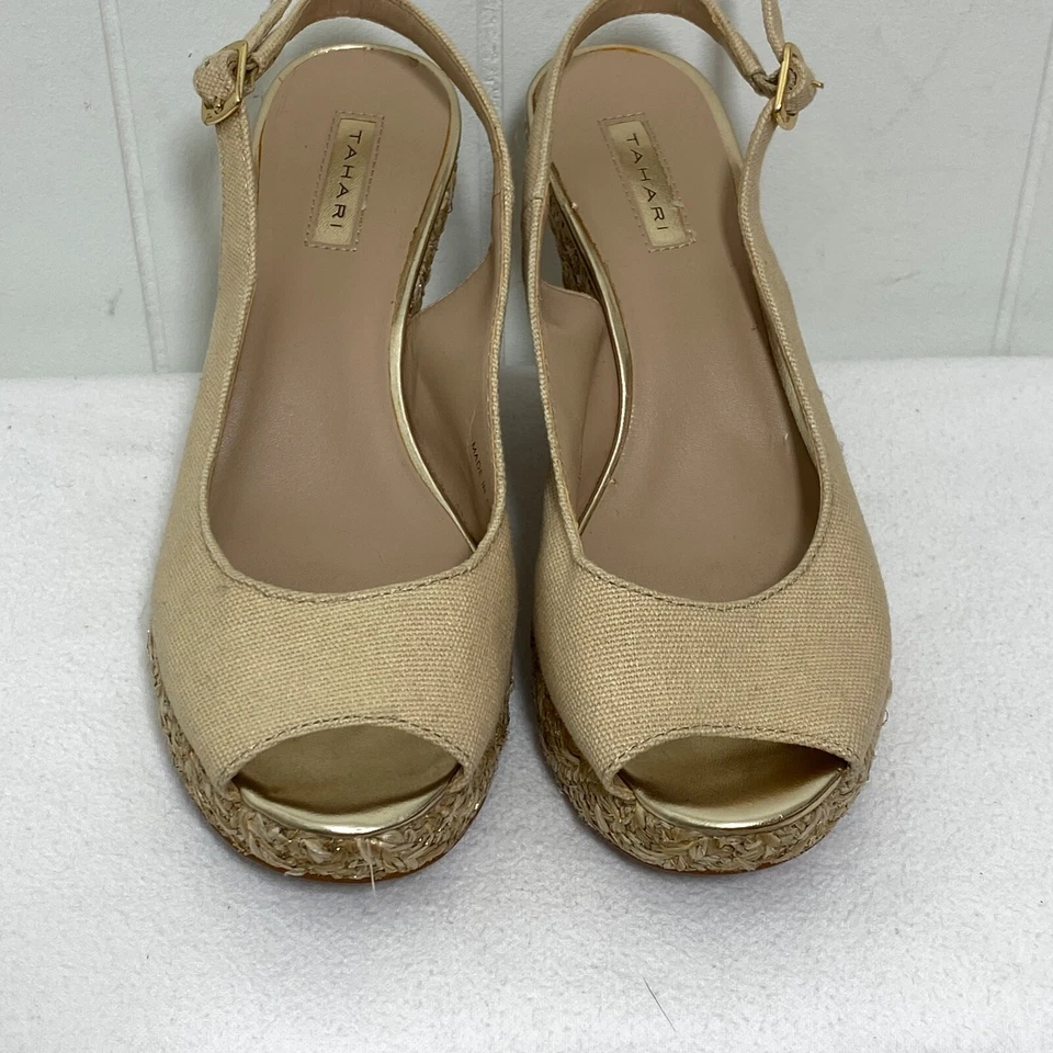Sandalias Tahari Taylor Para Mujer 6 Beige Tela Metálica Alpargata Punta abierta Cuña Foto 3 de 4