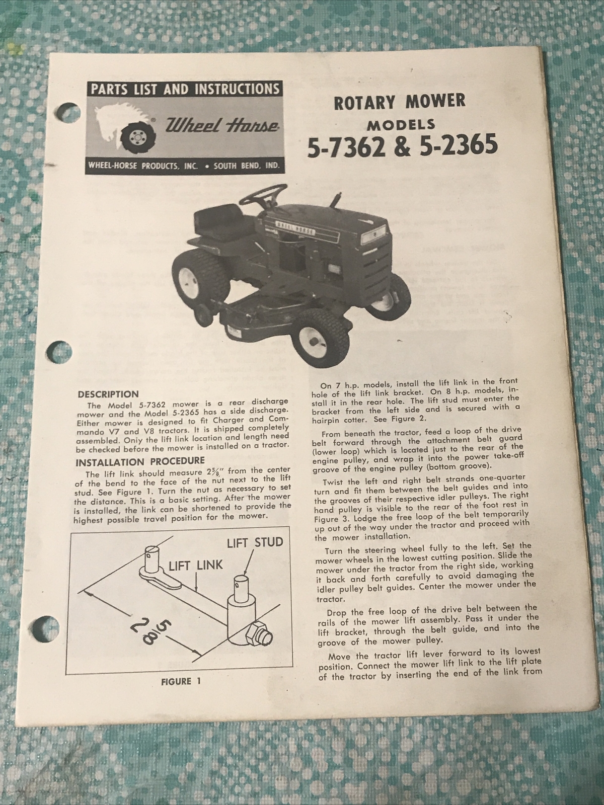 Wheel Horse Rotary Mower 57362 & 52365 Original Parts Manual eBay
