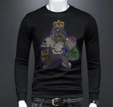 New Men Luxury Diamond Rhinestones Fashion Black Hoodie High Quality