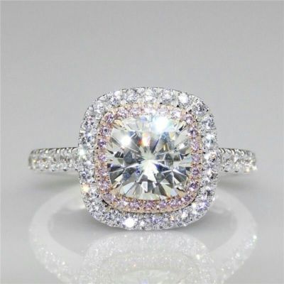 14K White Gold 3.10ct White Cushion Pink Round Lab Created Diamond Halo Ring