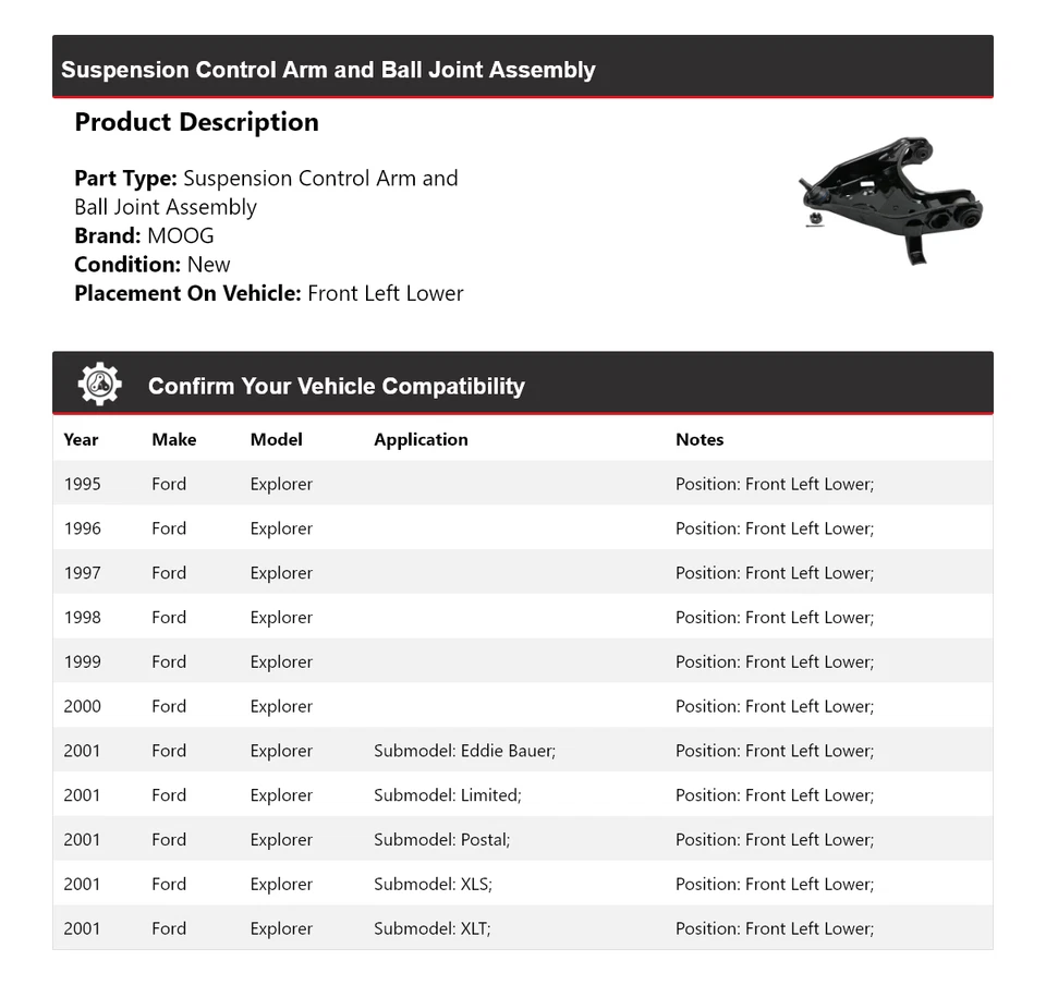 Conjunto de rótula de brazo de control delantero izquierdo inferior M para Ford Explorer 1995-2001 Foto 2 de 4