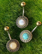 1pc Antique Gold Plated Tribal Shield w/ Stone Center Belly Navel Naval Ring