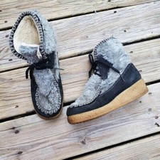 Vintage 70s Hippie Gray Faux Fur Black Sherpa Lined Lace-up Boho Ankle Boots 6