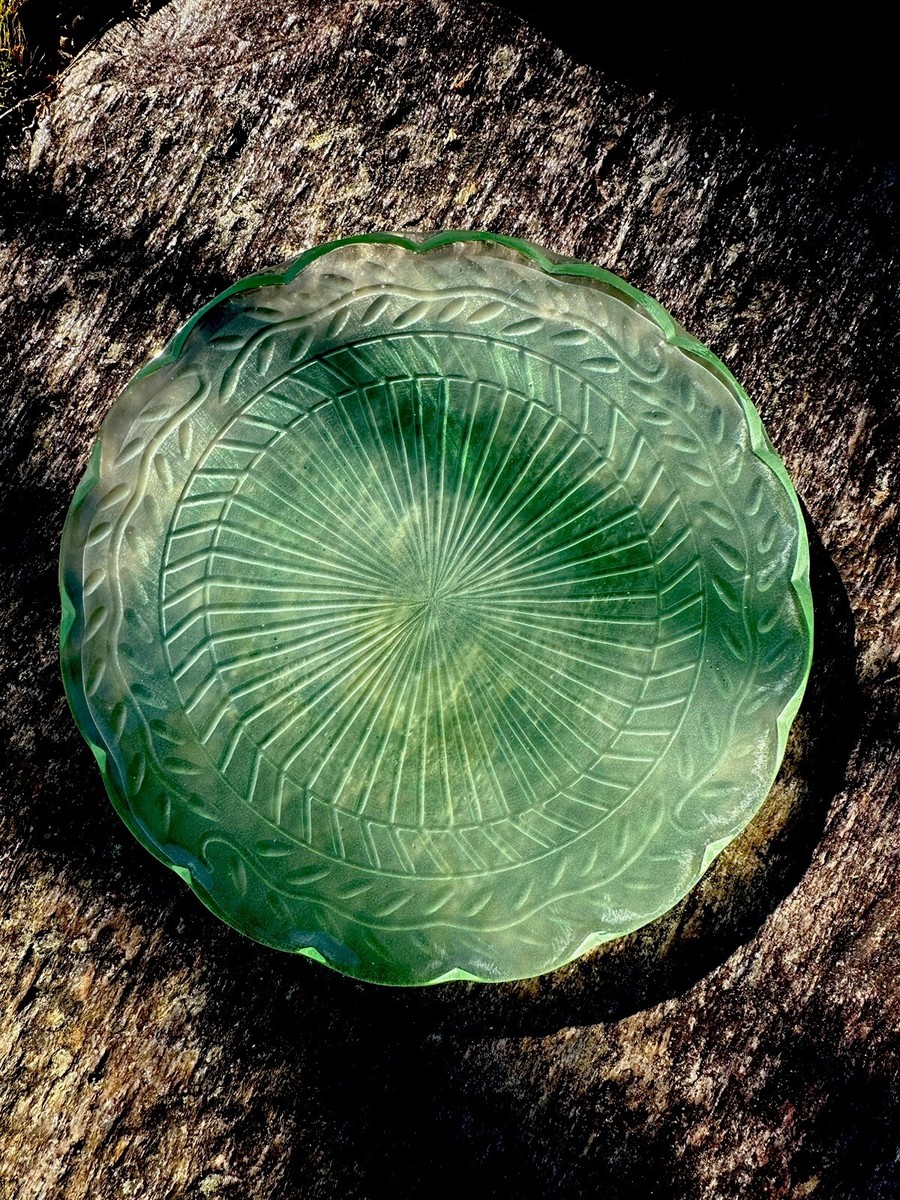 6 VTG Scalloped Spring Green 8” Frosted/Clear Depression Glass