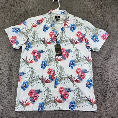 Floral Print Button Up Shirt Short Sleeve Casual Sky Blue Large Threadbare