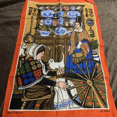 Vintage 100% cotton Tea Towel. Welsh lady. Spinning wheel Wales.H. Butterworth 