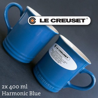 LE CREUSET 2x große Steingut Kaffetassen 400ml, Blau, Kaffebecher Coffee Mug