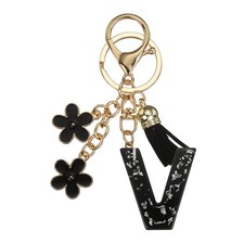 Alphabet Initial Letter Keychain Cute Charm with Tassel Flower Letter V Black