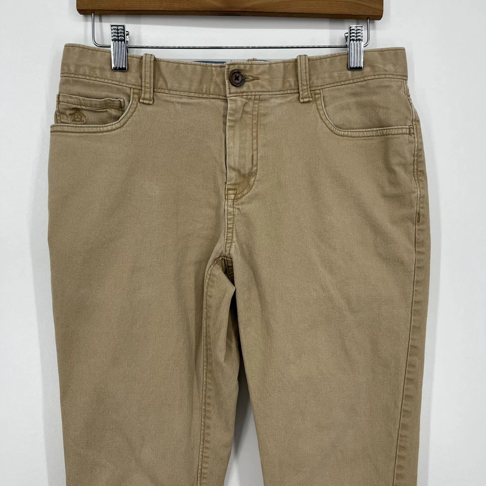 Pantalones chinos Penguin para hombre talla 30 caqui rectos ajustados cremallera frente plano Foto 2 de 4