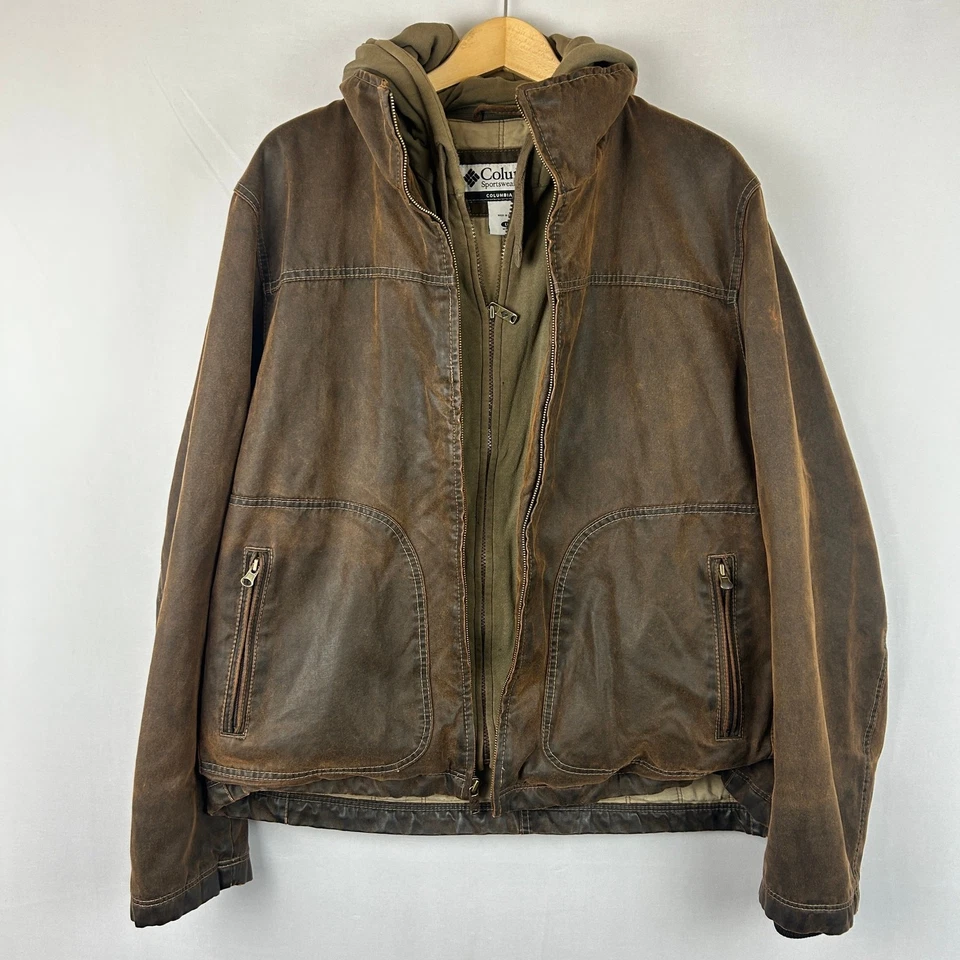 Chaqueta con Capucha Columbia Algodón Encerado Cremallera Completa Marrón Para Hombre Talla L Foto 4 de 4