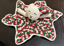 Handmade Bear Lovey Security Blanket Crochet Knit, Red Green White