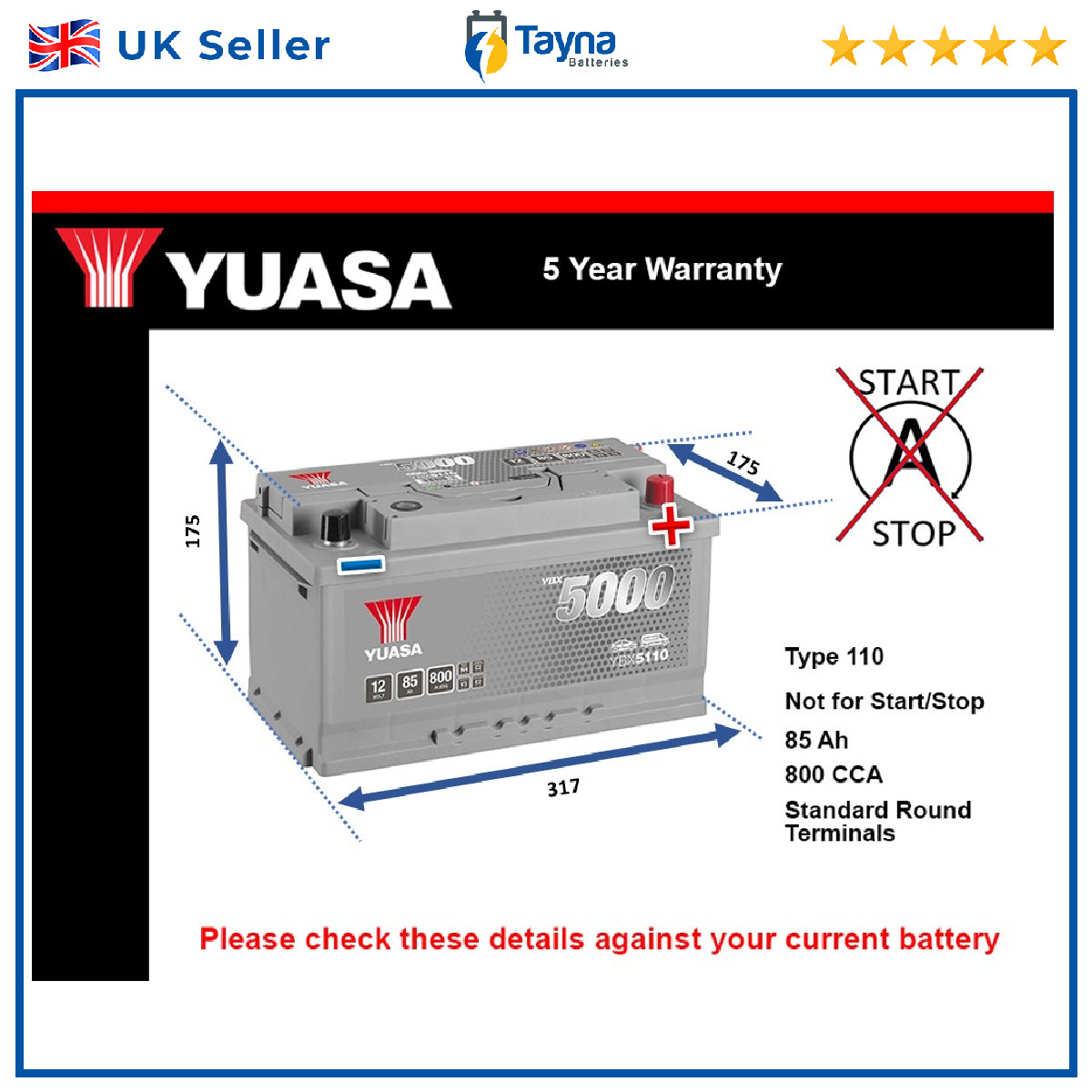 Battery fits AUDI A3 A2 S3 TT A4 S4 RS6 A6 Q5 A4 Allroad S6 Yuasa 110