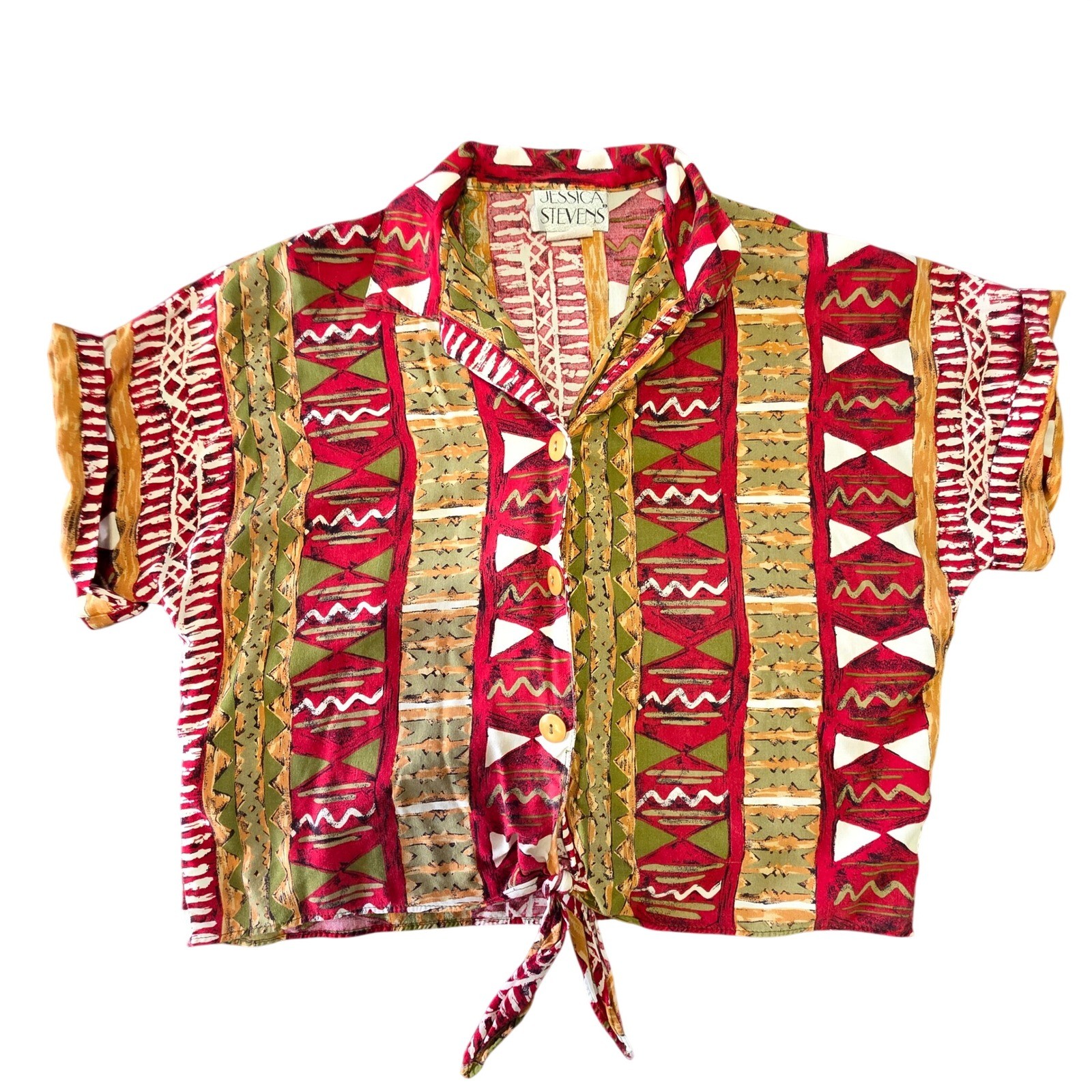 Vintage 90s Geometric Tribal Print Tie Front Shirt Red Large Tropical Crop Top