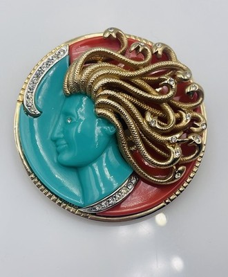 Kramer Vintage Gold Plated Medusa Coral & Turquoise Color Resin Brooch Pin