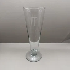 Pilsner Beer Glass Etched Initial “T” Clear 9” Tall 12oz Footed Barware Gift