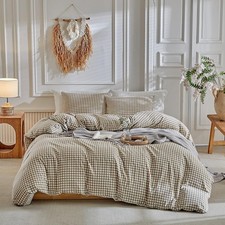 Grid King Duvet Cover Set - Tan Gingham Washed Microfiber Comforter Cover Set, 3