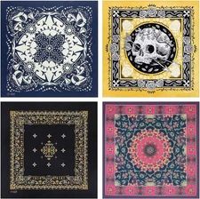 Bycc Bynn 4-Pack 100% Cotton Bandana Set, Vintage Graphic Print, 22x22 inches