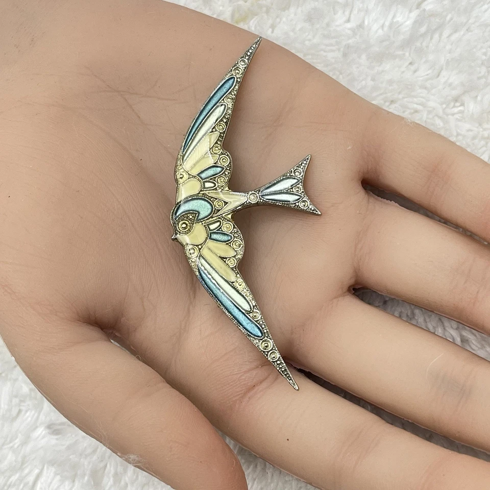 Art Nouveau Style Swallow Bird Brooch Multicolor 3" - Image 2 of 4