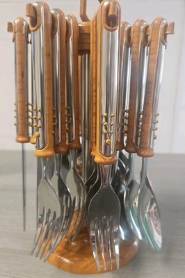 Inox Italy Set Of 24 Stainless Steel W/ Brown Handles And Holding Ring Flatware