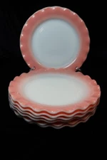 HAZEL ATLAS MILK GLASS RIPPLE PINK CRINOLINE PINK 7 LUNCHEON PLATES 8 1/2"