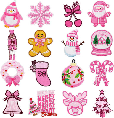 16PCS Pink Winter Aesthetic Iron on Patches for Girls Cute Pink Santa Snowman Nu