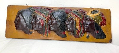 Antique hand painted native American Indian portrait plaster pottery wall plaque