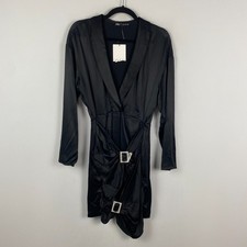 Zara Jewel Satin Effect Long Sleeve Dress Size Small Black Sheath