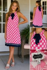 Mud Pie Natalie Dress Teens  L (12-14) Pink White Geometric Halter Tie Maxi NWT
