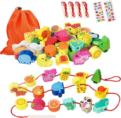 Montessori Educational Wooden Lacing Beads Toys for Toddler 3 4 5 Year Old, Farm