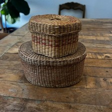 Seagrass Hand Woven Nesting Baskets With Lids Set of Two Oval and Hexagon