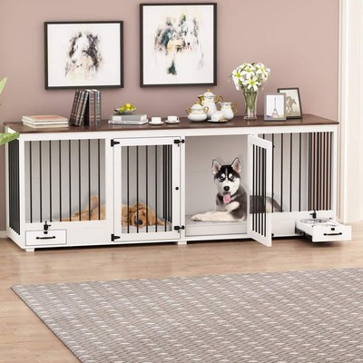 FUFU and GAGA Upgrade Large Dog Crate with Dog Feeding Area, Large Furniture Dog