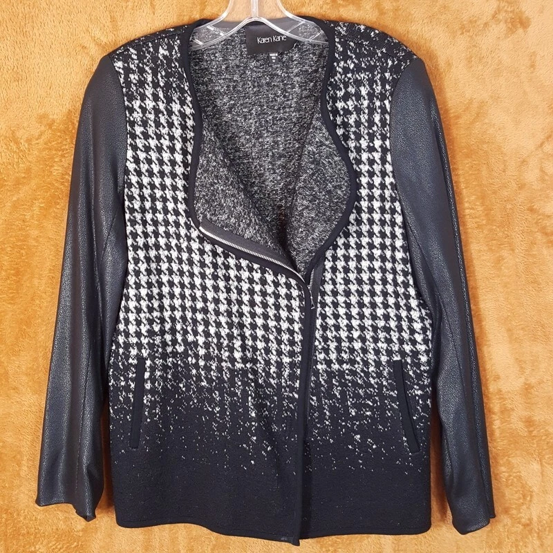 Chaqueta KAREN KANE Mujer Mediana Negra Pata de Gallo Moto Tejida Cremallera Texturizada Foto 2 de 4