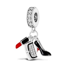 MULA European Lipstick High Heels DIY Charm CZ For Women Bracelet Silver Plated